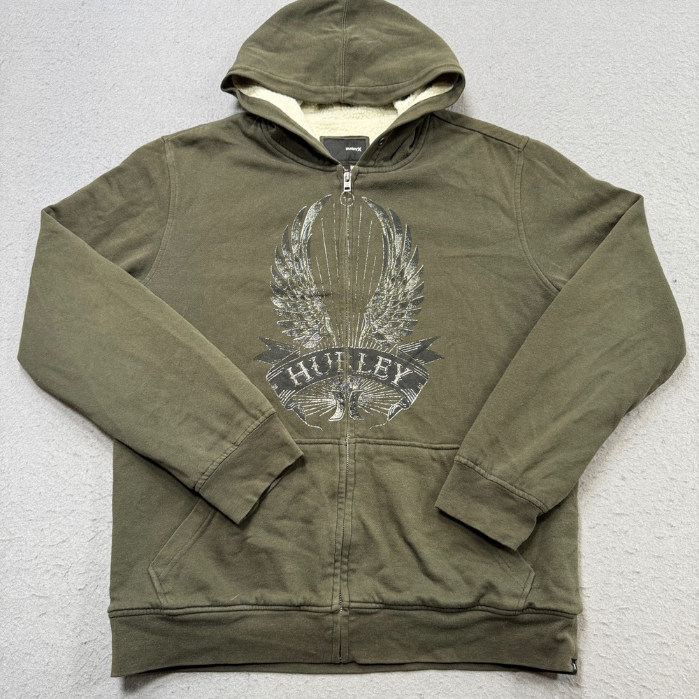 Hurley Hoodie Men's L Olive Green Sherpa Lined Wings Graphic Streetwear Skater
